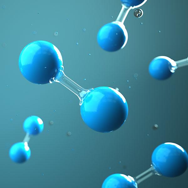 Blue hydrogen molecule in the liquid. 3d illustration.